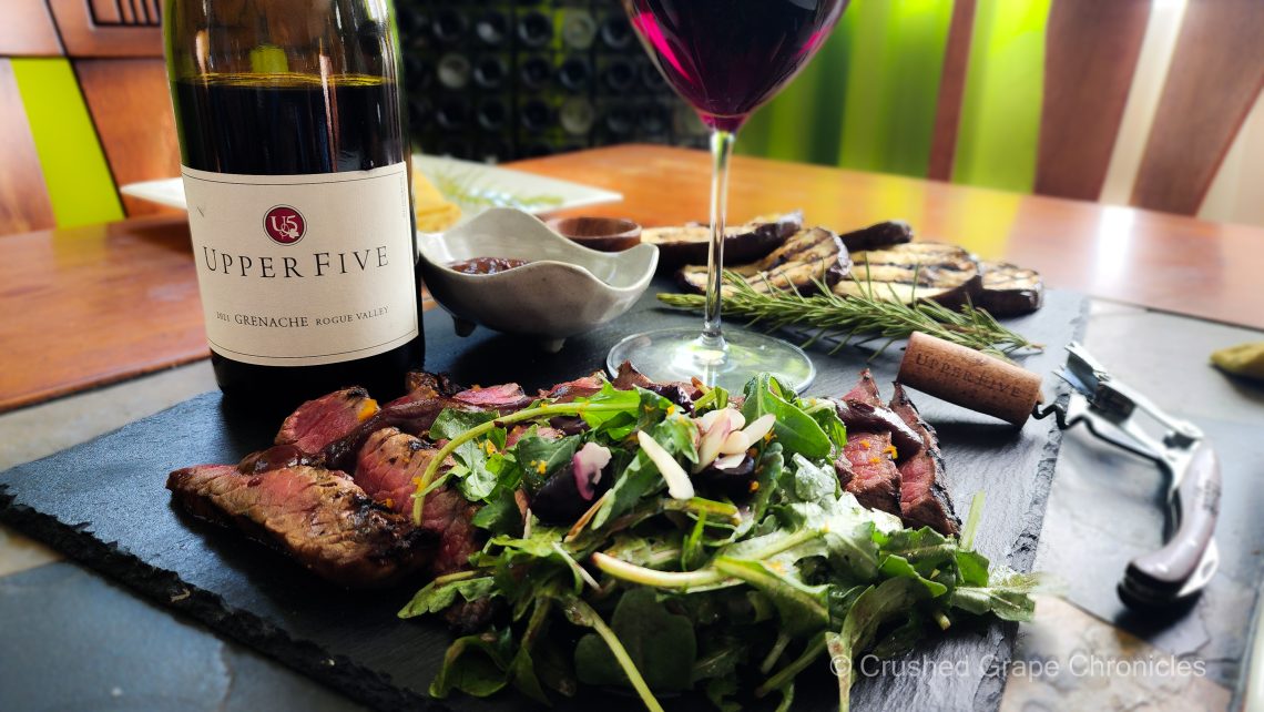 Upper Five Rogue Valley Grenache with Grilled London Broil with chocolate cherry barbeque sauce and cumin Garlic grilled eggplant #WinePW