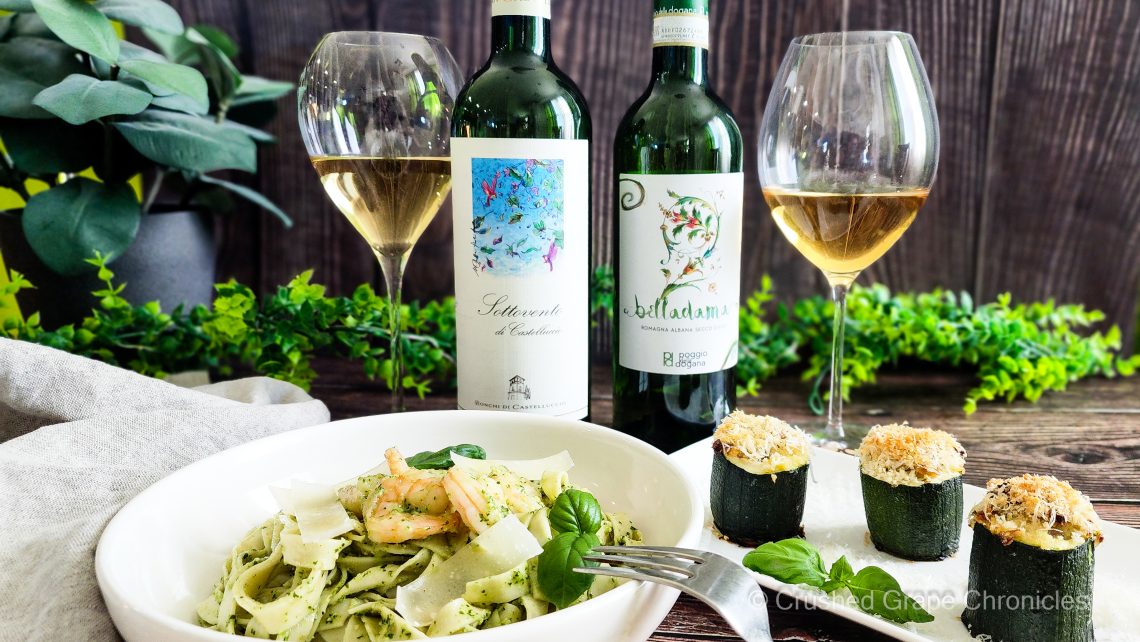 Belladama Albana from Poggio della Dogana and Sottovento Sauvignon Blanc from Ronchi di Castelluccio in Romagna with Zucchini Ripene and shrimp and pesto pasta