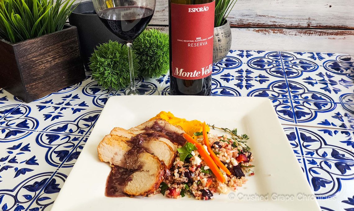 Esporão Monte Velho Reserva Red 2022 from Alentejo Portugal with Mesquite Pork Loin sweet potato and roasted beet cous cous