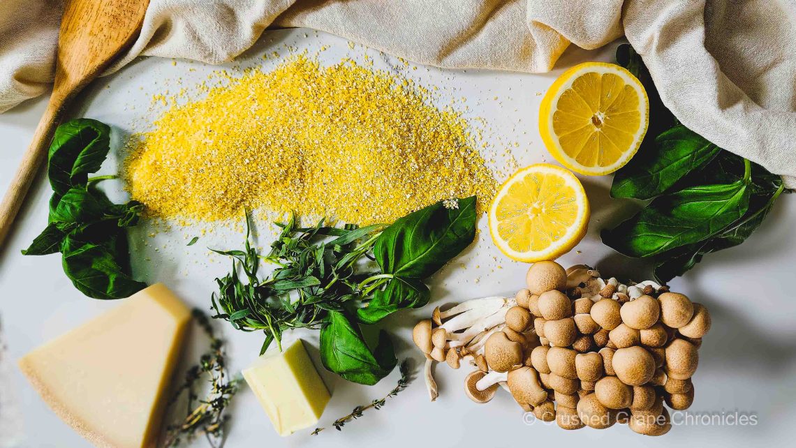 Ingredients for polenta roasted beech mushrooms and tarragon lemon pesto
