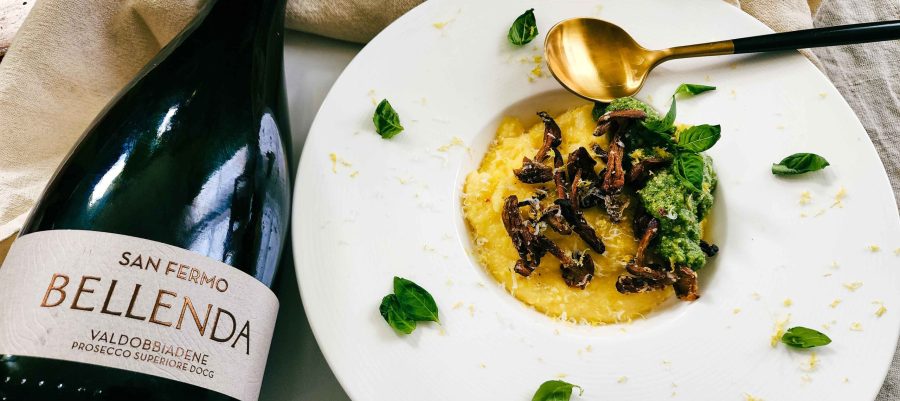 San Fermo with polenta mushrooms and pesto